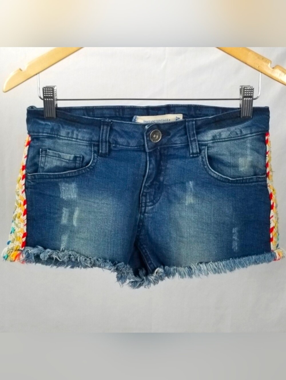 Denim Frayed Hem Shorts w/ Multicolor Side Braid Low Rise Micro Shorts Size 5